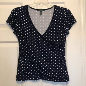 Lauren Ralph Lauren T-Shirt Womens Med Blue Polka Dot Short Sleeve Top